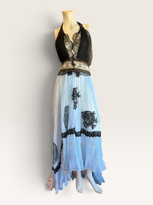 Portia, hand dyed Victorian pale blue cotton and black Chantilly lace dress