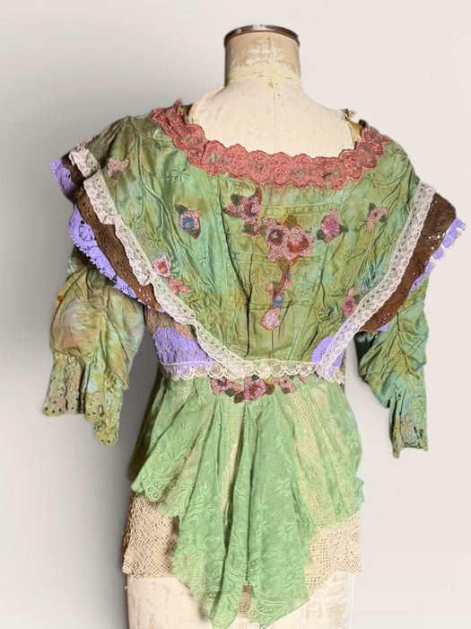 Monique, reworked Victorian hand dyed cotton and beaded lace jacket with art deco clasp