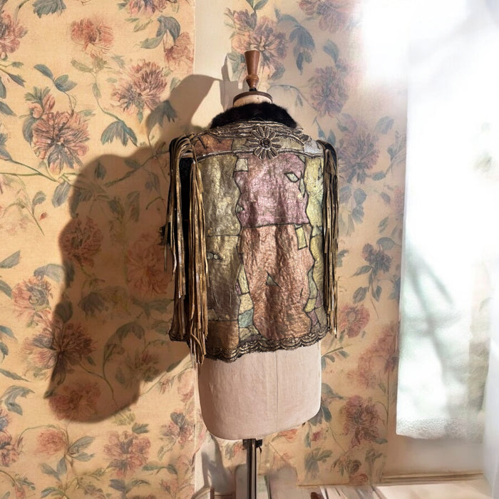 Tai, vintage metallic patchwork fringed sheepskin waistcoat