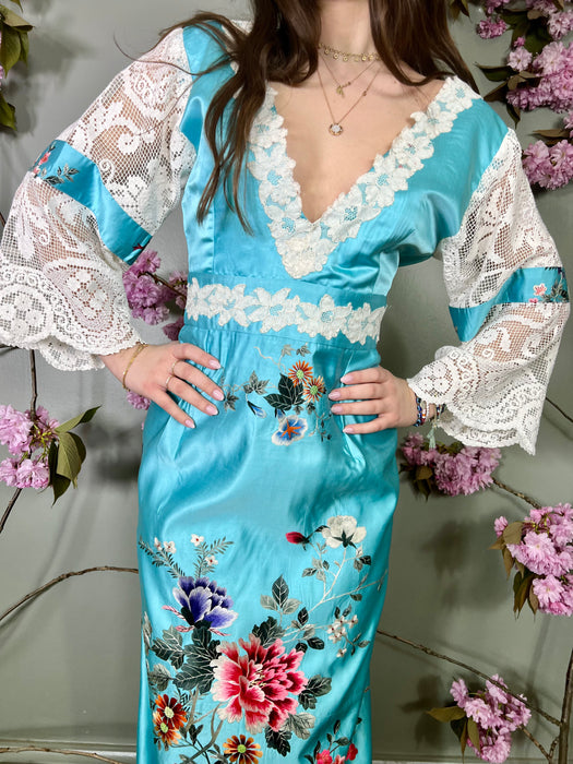 Celeste, blue floral silk and crochet dress