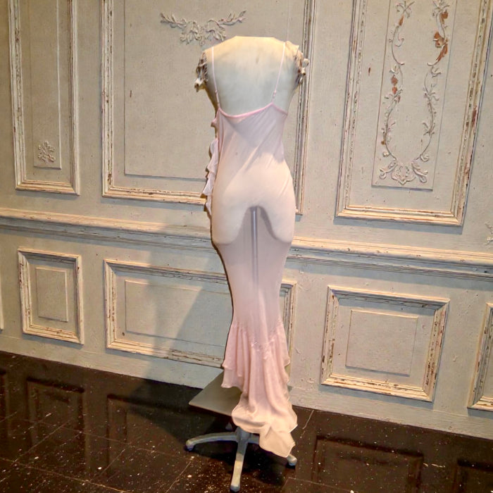 Honey, 90s pink chiffon bias cut, beaded dress