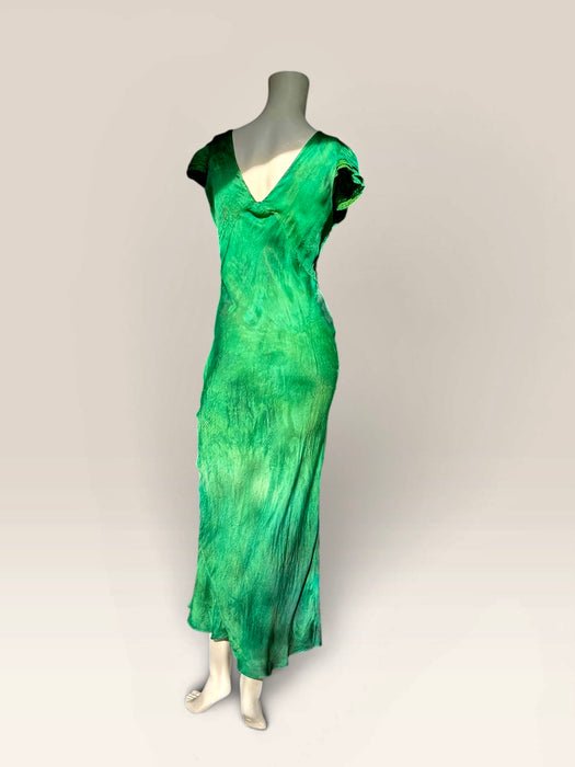 Bora, 1930s emerald green hand dyed silk bias cut dress with lace inserts and Victorian ribbon work florals