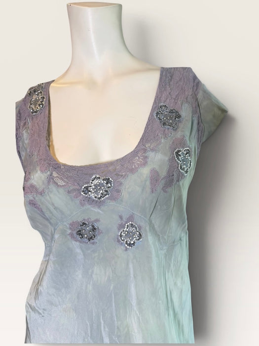 Odette, 1930s hand dyed antique blue silk and lace beaded dress