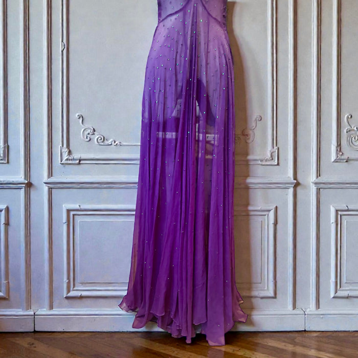 Dusty, 30s purple chiffon dress with green rhinestone and beaded front