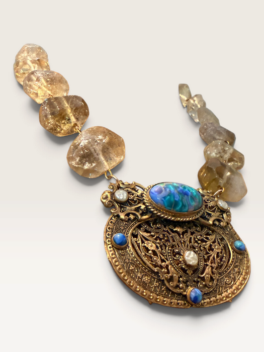 Jasmir, reworked lemon Quartz raw cut gems set with a  Victorian gold plated pendant