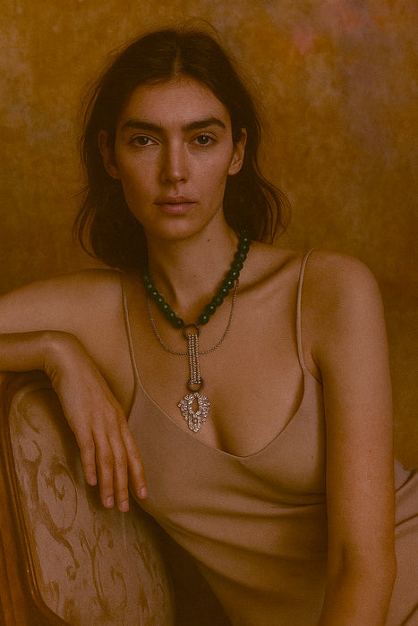 Mamie, reworked green and 20s beaded pendant necklace