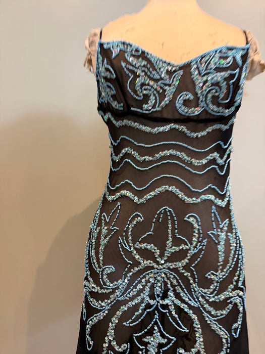 Fabia, 90s silk chiffon turquoise beaded dress