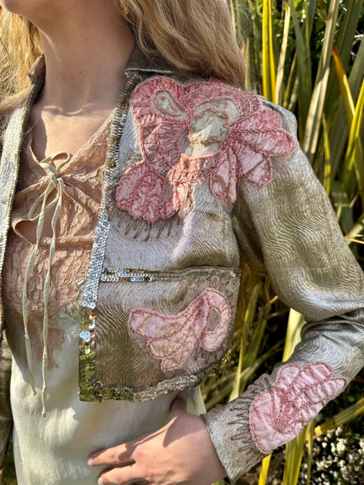 Cassius, 20s silver lamé jacket with pink velour appliqués