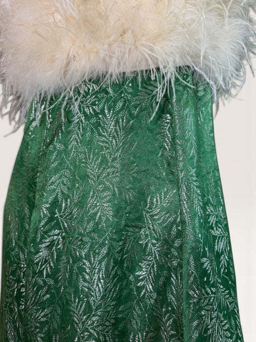 Monica, reworked 1920s green floral lamé gown with cream ostrich feather bust
