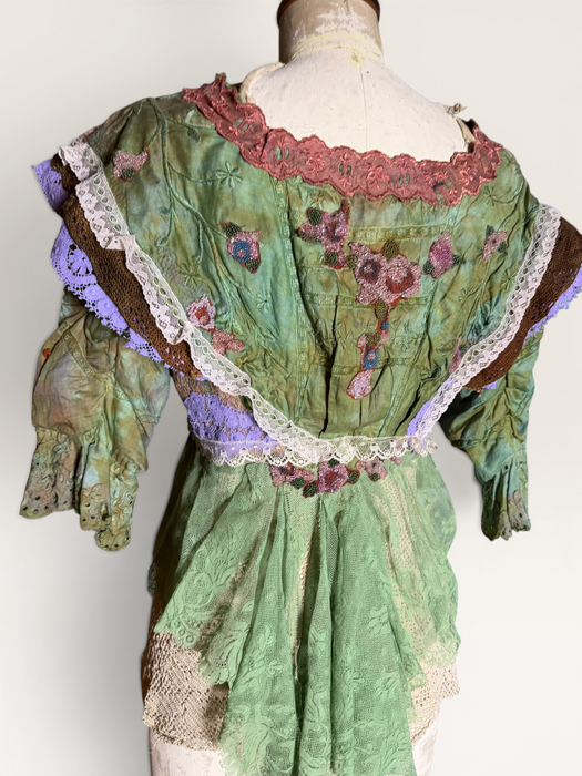 Monique, reworked Victorian hand dyed cotton and beaded lace jacket with art deco clasp
