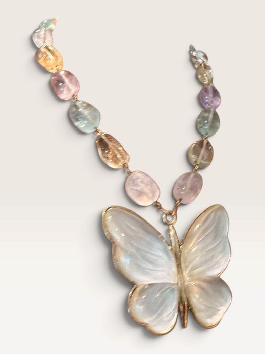 Jasmir, reworked pearlised vintage butterfly necklace with pastel crystals