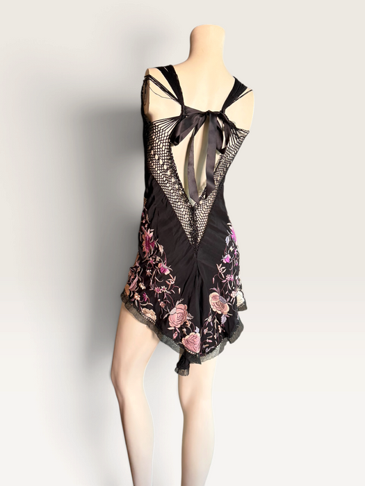 Cody, reworked 1940s black silk embroidered piano shall mini dress