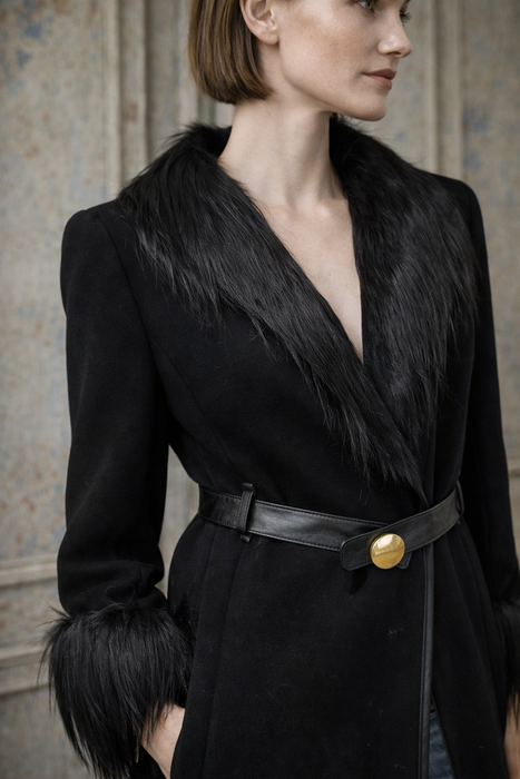 Baccarat, 70s black wool, leather and fur coat