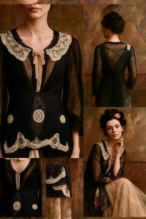 Lora, reworked 20s black silk tulle, lace and garter dress