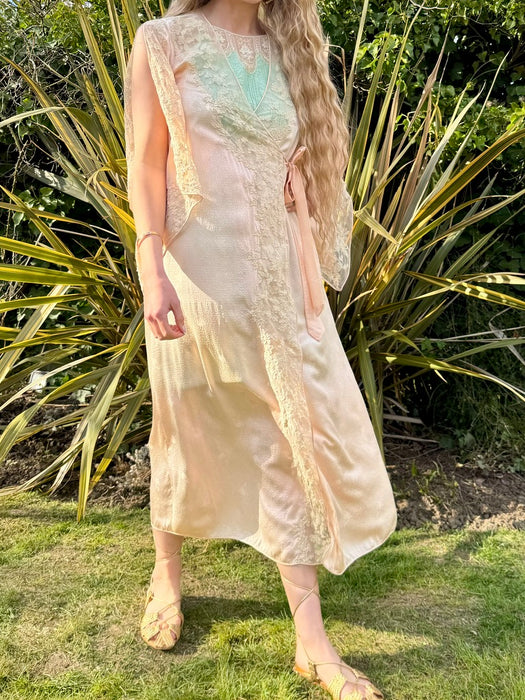 Constance, 20s pink damask silk and lace robe