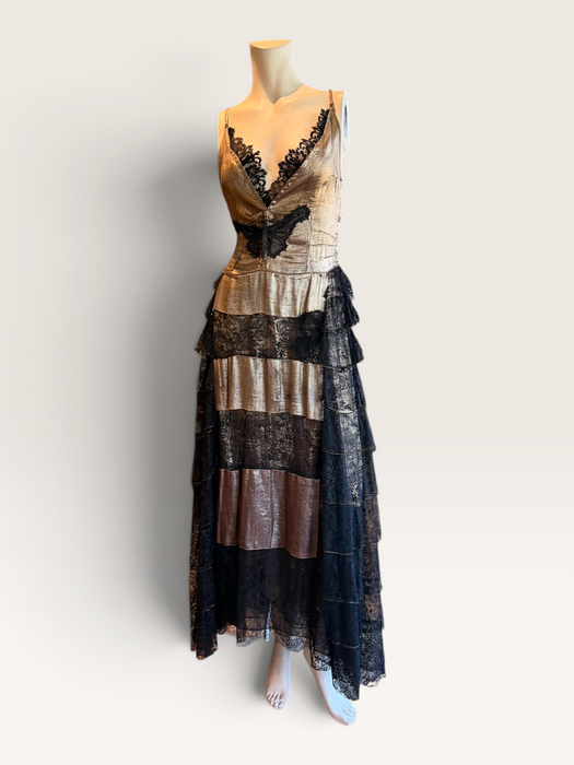 Fay, reworked 1930s gold and black lace tiered dress