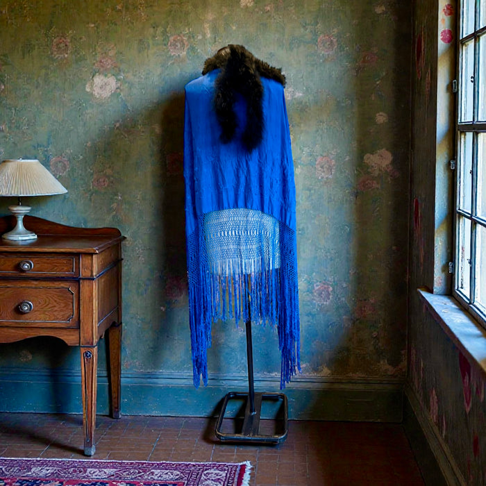 Sasha, 40s cobalt blue embroidered piano shawl feather fringed cape
