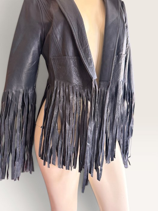 Kate Moss, for Top Shop Y2K navy leather fringed jacket