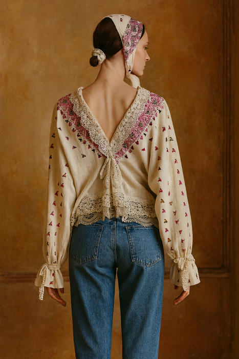 Claude, reworked antique Romanian embroidered and lace blouse