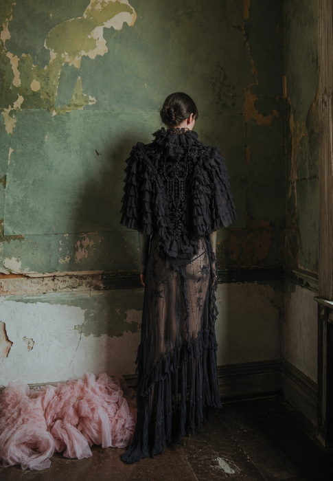 Elma, Victorian black silk ruffled cape with velour jet beaded collar