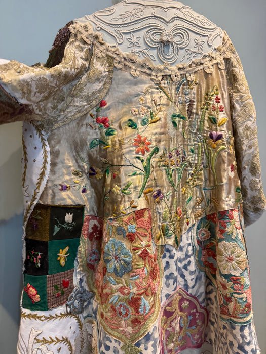 Traina, reworked Museum worthy Victorian, patchwork coat with original gold buttons