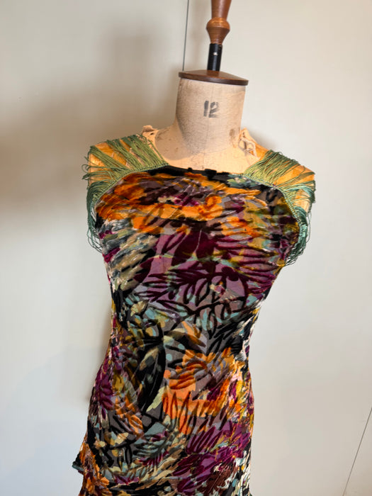 Radcliffe, reworked 20s silk devoré floral fringed dress
