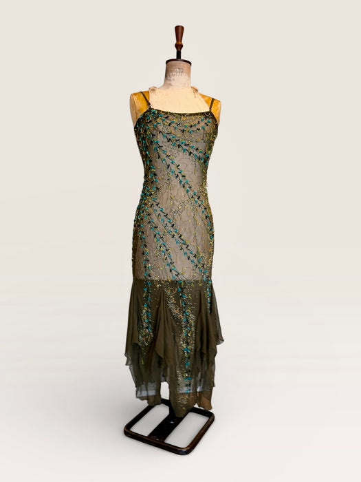 Tory, 90s beaded kaki green bias cut chiffon handkerchief dress