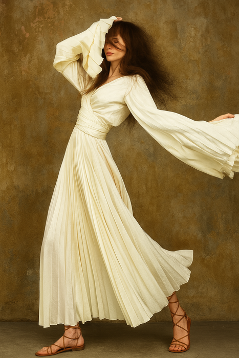 Arti, handmade pleated silk blend wrap dress