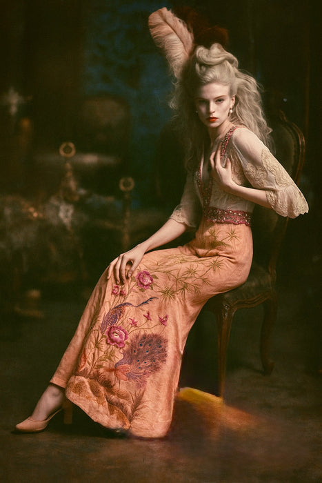 Aurora, reworked 18th C embroidered and lace dress