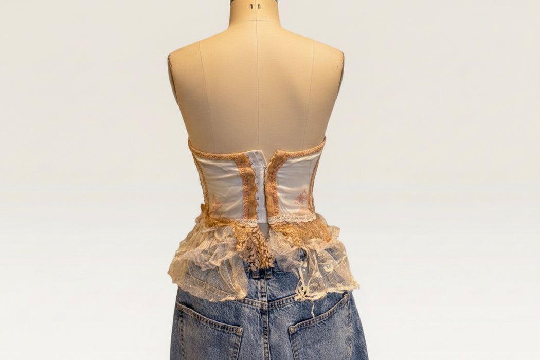Mirabelle, repurposed 60s  corset with French organza, lace and floral embroidery