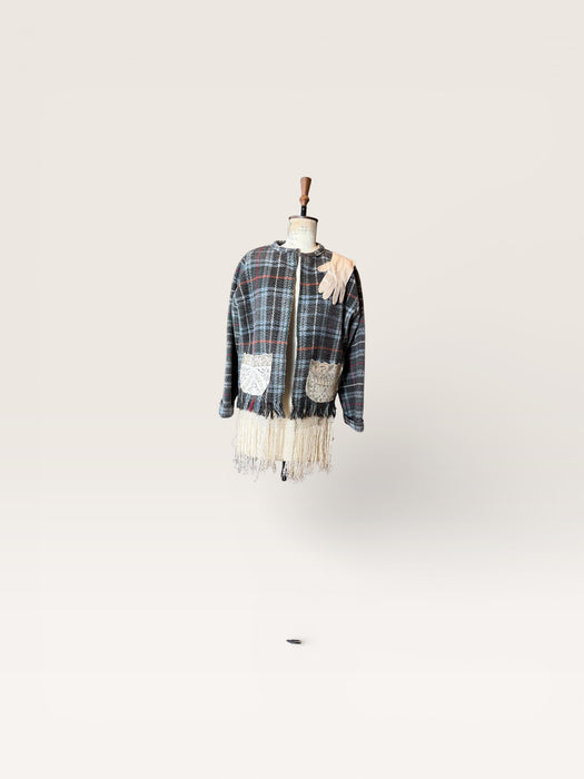 Tais, reworked 70s checked blanket with lace pockets and 20s glove
