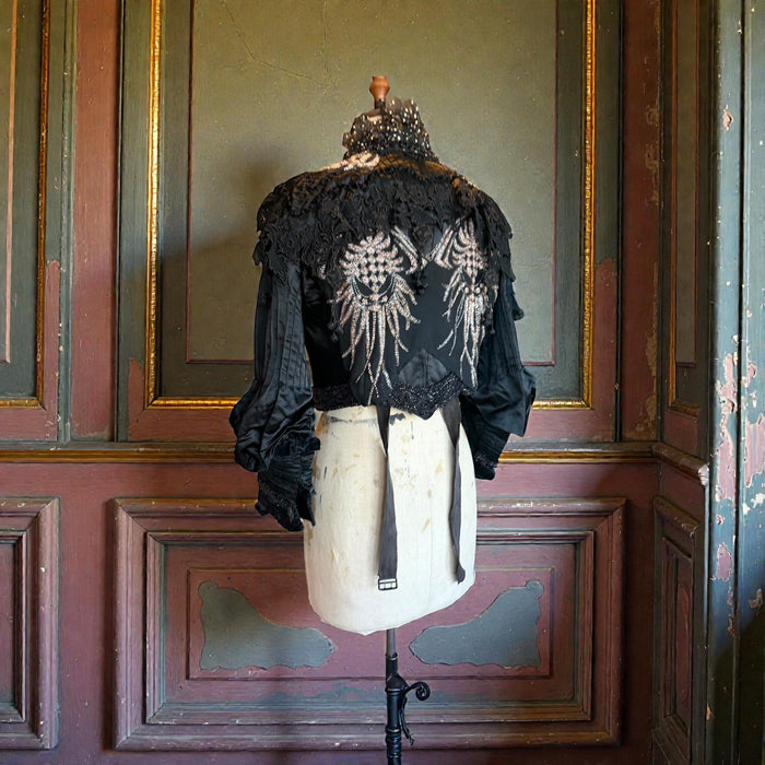 Raine, embellished Victorian silk and beaded silk black jacket