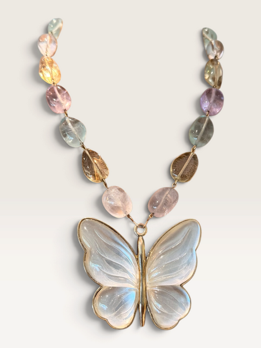 Jasmir, reworked pearlised vintage butterfly necklace with pastel crystals