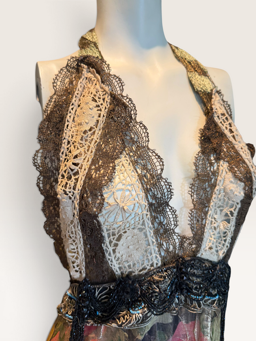Dray, reworked 1920s floral lamé and metallic dress with glass black jet beaded fringed waistband
