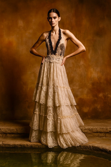 Saturne, reworked Victorian and 1920s organza ruffle halterneck dress