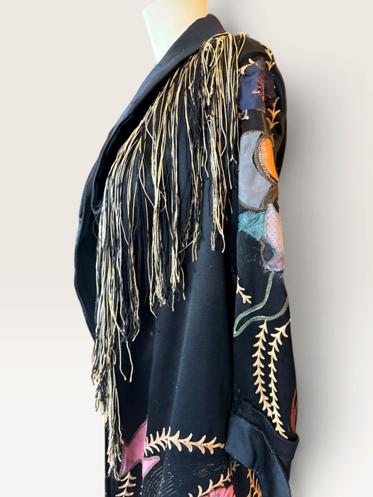 Arca, reworked Art Deco silk embroidered coat with fringing