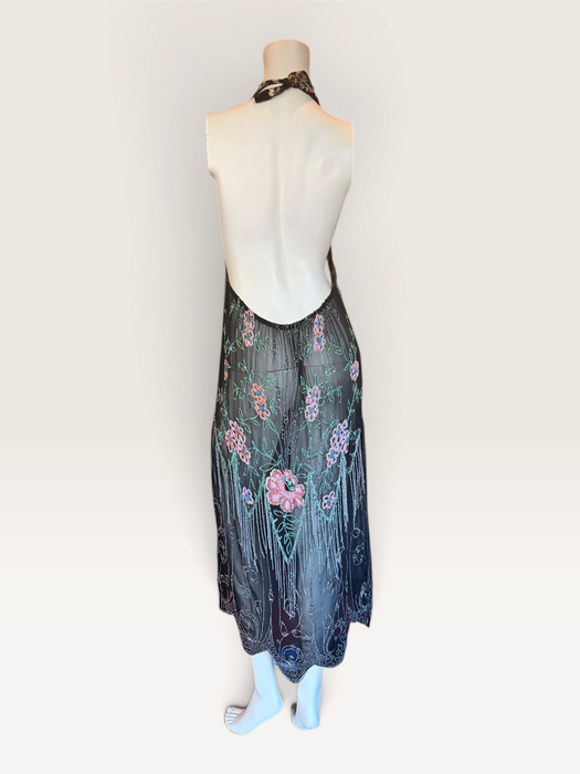 Dana, reworked 1920s black beaded floral fringed silk chiffon scalloped dress