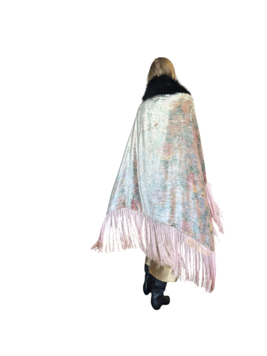 Wilma, 20s floral fringed velour cape with black feather collar and tie