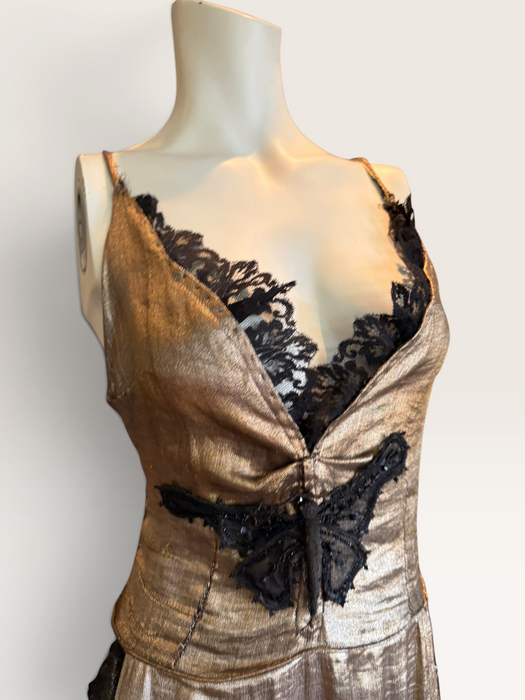 Fay, reworked 1930s gold and black lace tiered dress