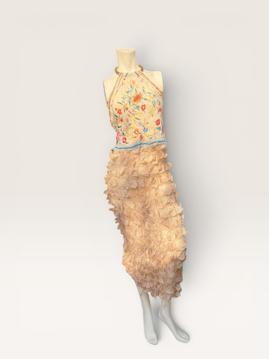 Kali, reworked embroidered piano shawl dress with brass choker and 20s sheered metallic skirt