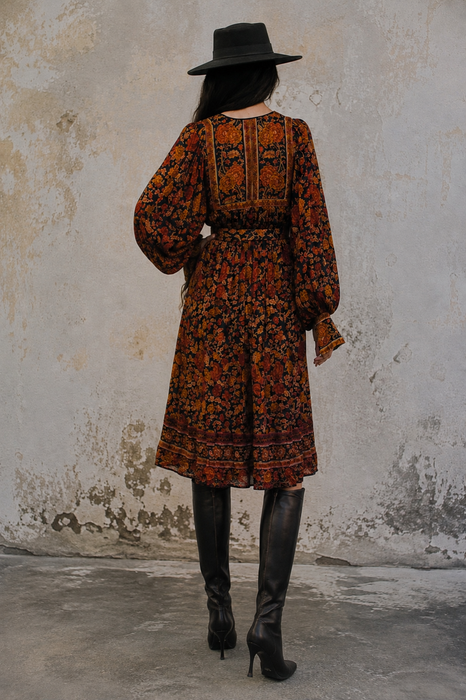 Anchor, 70s silk Indian block print balloon sleeves belted dress