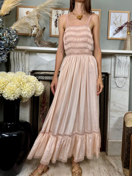 Janet Reiger, blush pink silk and lace dress