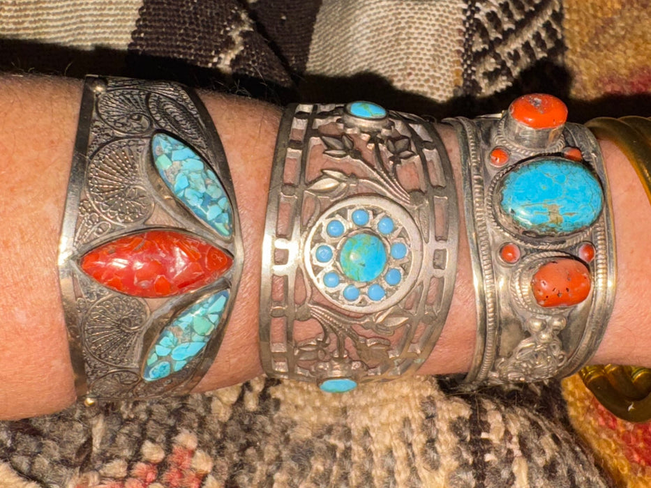 Layla, antique silver Native American turquoise and coral cuff