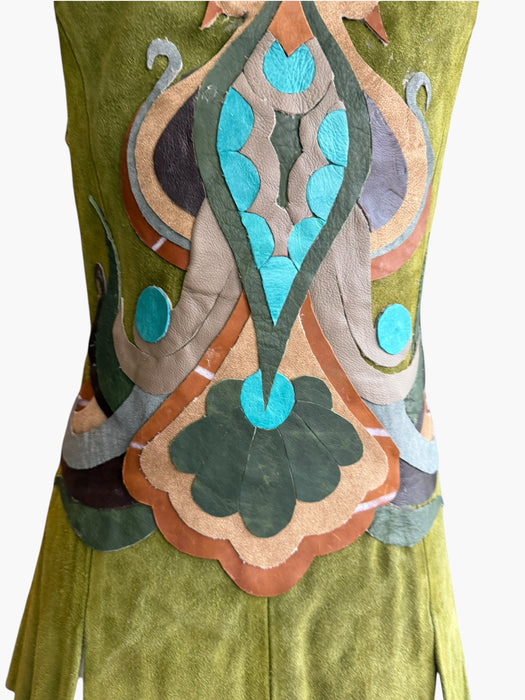 Basil, 70s olive green suede waistcoat with leather ties and handmade folk leather appliqué