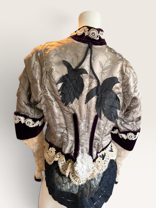 Carlotta, reworked Victorian silk damask and lace boned beaded jacket
