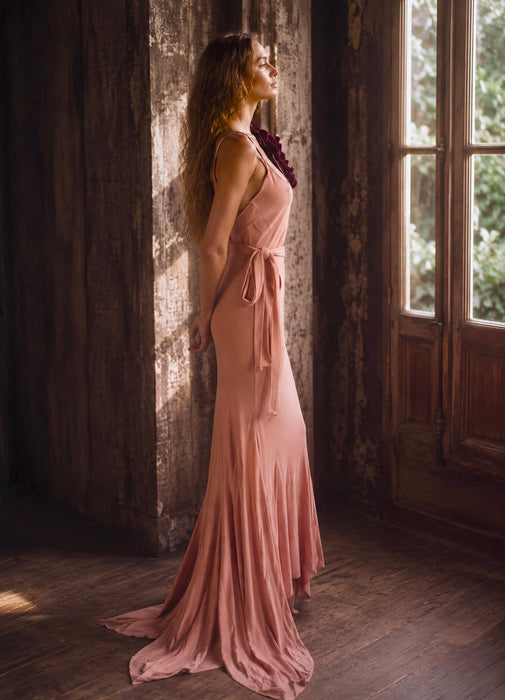 Dahlia, original 1930s silk crepe bias cut dress with velvet florals