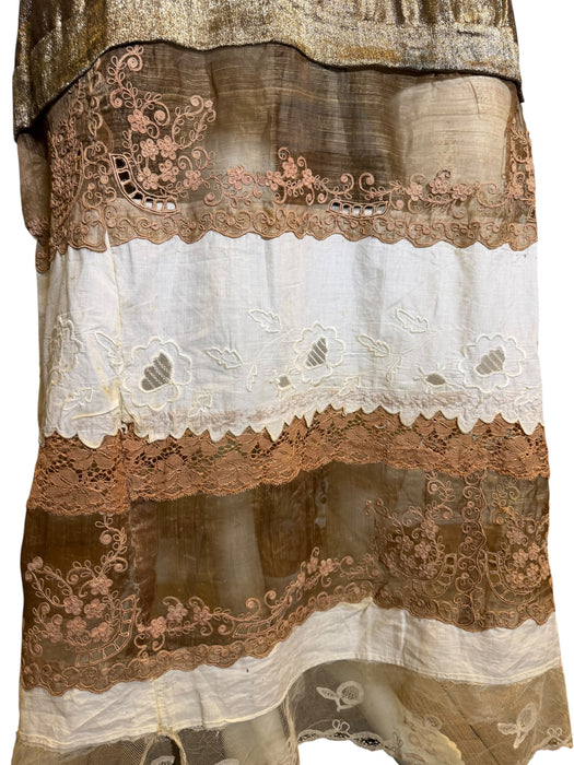 Miter, reworked 1920s French gold lamé and lace dress with Edwardian embroidery