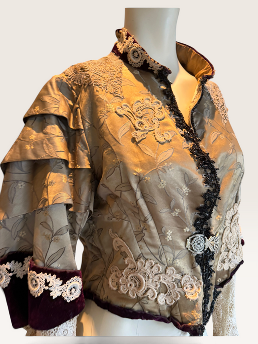 Carlotta, reworked Victorian silk damask and lace boned beaded jacket