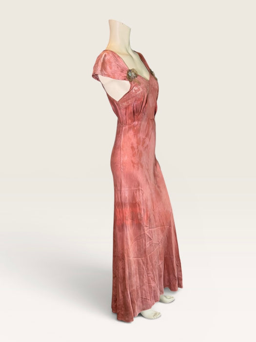 Martha, hand dyed 1930s silk and lace dress with hand made metallic rosettes