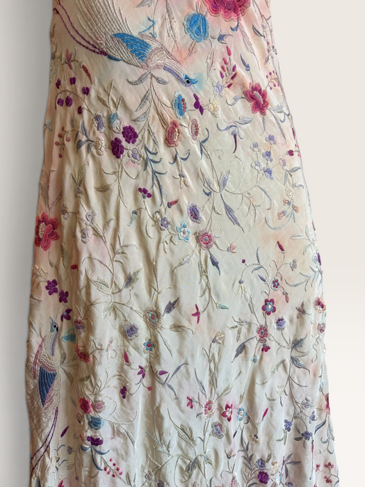 Daria, reworked bias cut cream piano shawl embroidered fringed dress